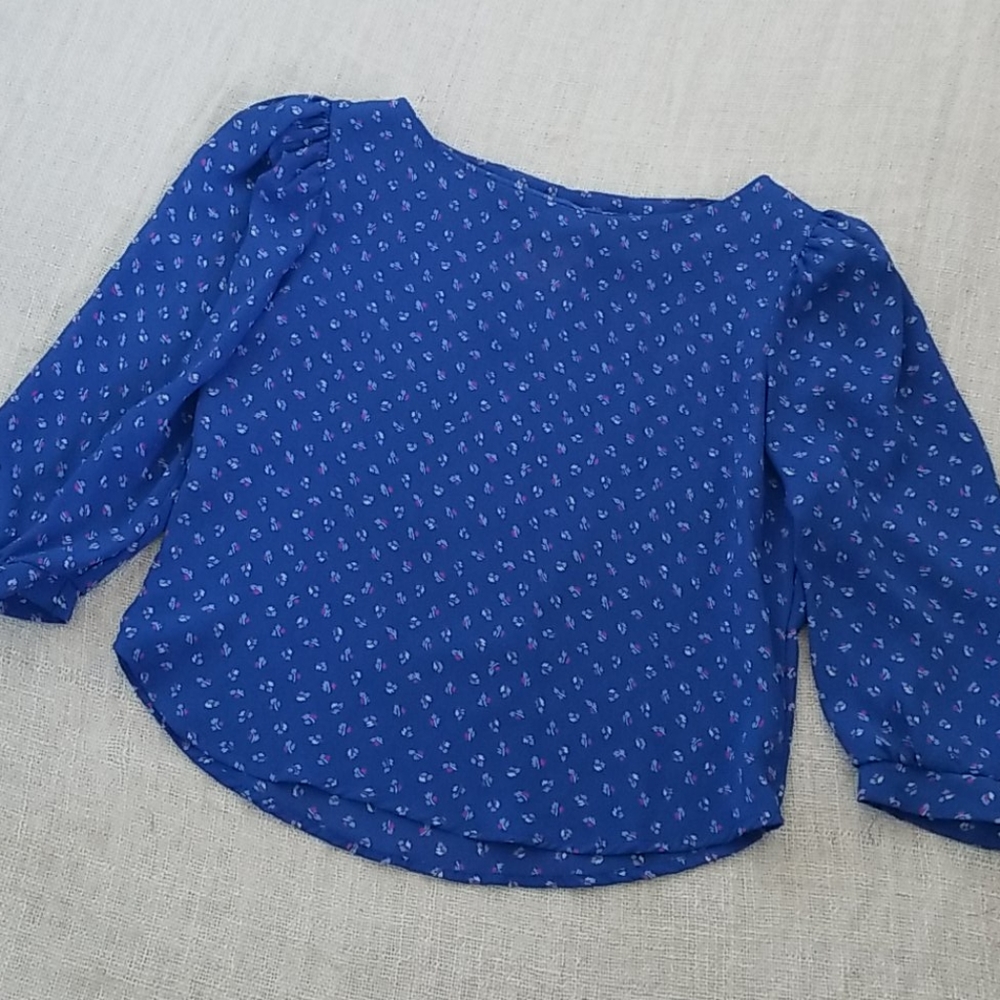 Vintage Silky Blue Puffy Sleeve Blouse